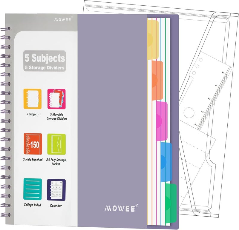 MOWEE 5 Subject Notebook - Spiral Notebook, College Ruled Notebook With Dividers Pocket, Tabs, 11" Ruler, 300 Pages, for Writing Journal, Home & Office, School Supplies, 8.5x11'' Purple150Sheets - Image 1